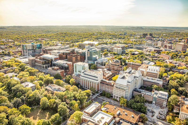Aerial photo of Vanderbilt University School of Medicine and Medical Center campuses.