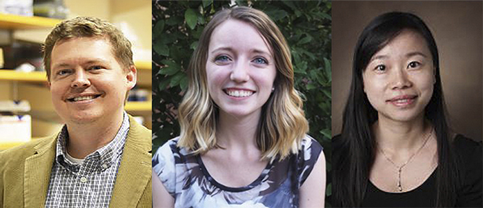 Headshots of (left-to-right) Dylan Burnette, wearing a gold colored jacket; Abigail Neiniger, wearing a blue, floral top; and Qi Liu, wearing a black top and necklace.